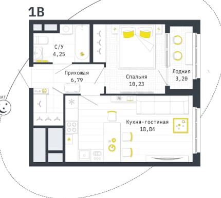1 комнатная квартира общей площадью 41.71 м²